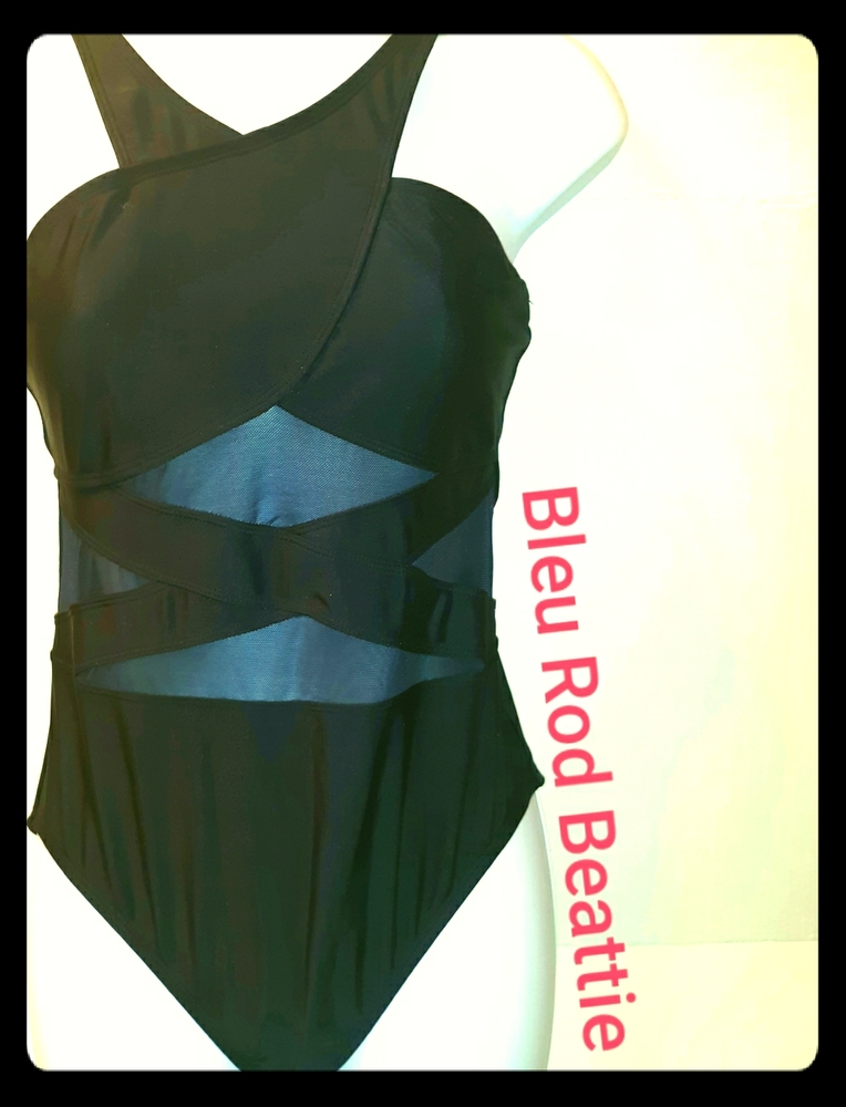 L@@K☆ BLEU ROD BEATTIE☆Sexy Black Halter Neck Slimming Mesh Insert Swimsuit Sz6